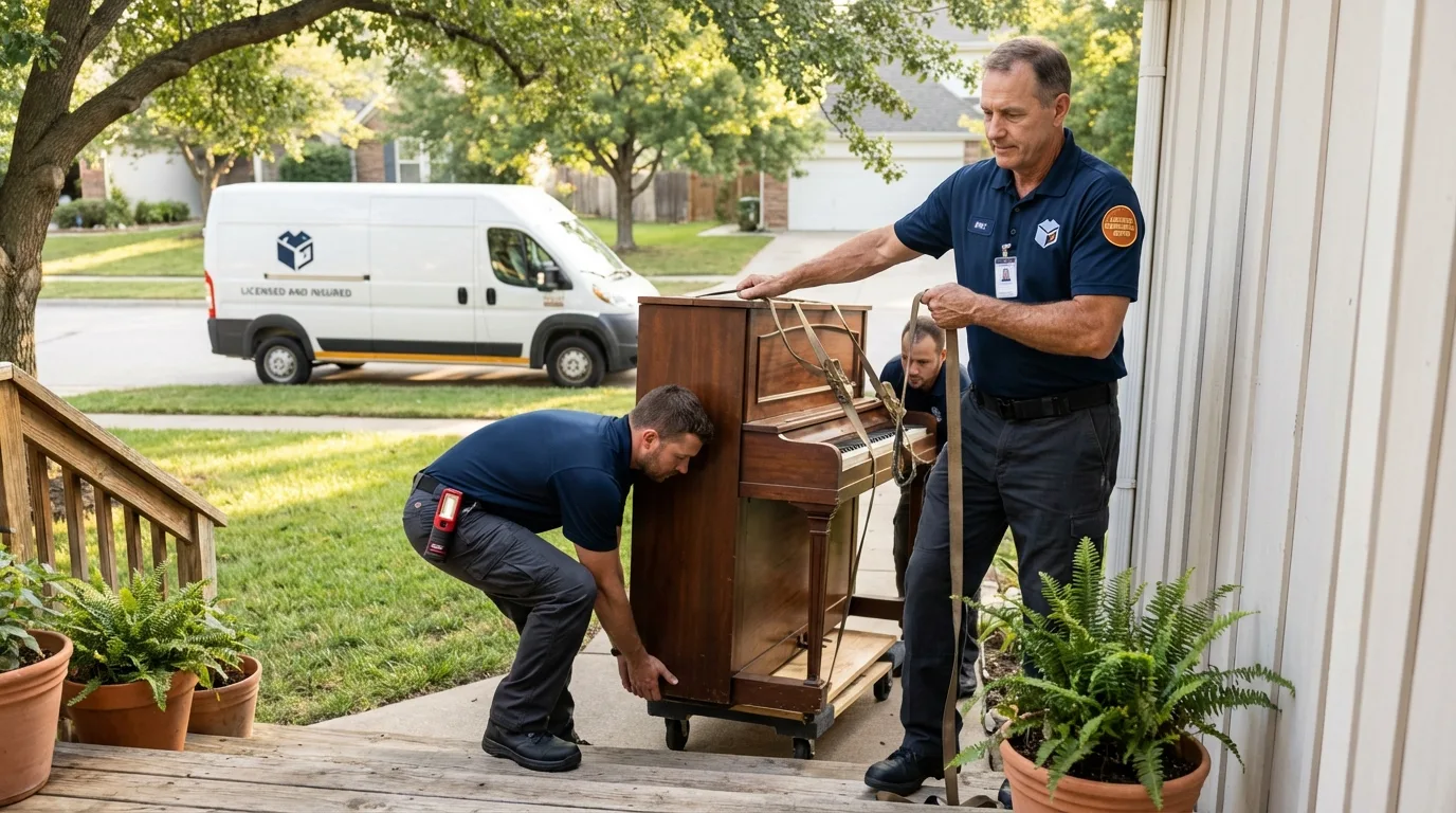 Licensed piano movers securing grand piano in Gardena, CA