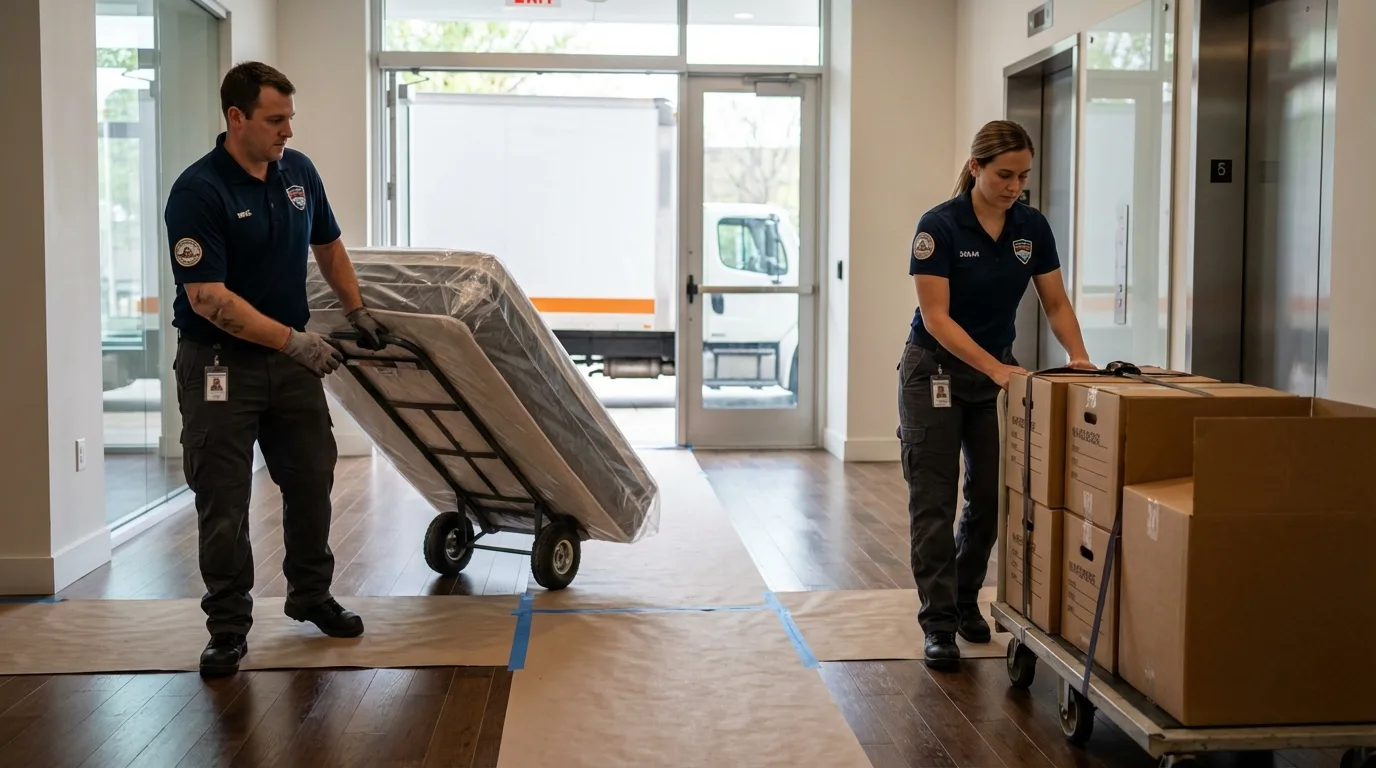 Professional apartment movers loading elevator in Gardena, CA